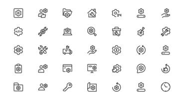 Settings Maintenance Line Pack Set. Configuration, system update, technical support, tools, service editable stroke icon collection vector