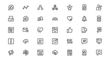 Modern Social Media Icon Set Featuring Communication, Network, Chat, Sharing, and Notification Symbols in a Minimal Professional vector