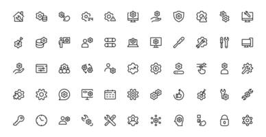 Settings Maintenance Line Packa Set. Configuration, system update, technical support, tools, service editable stroke icon vector