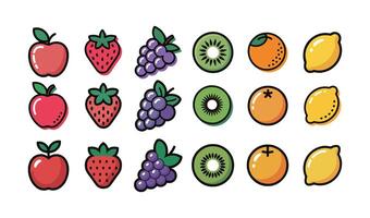 Cartoon Fruit Assortment Featuring Apples, Strawberries, Grapes, Kiwi, Oranges and Lemons vector