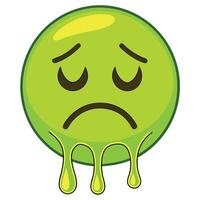 Green Sick Emoji with Dripping Substance, Sad and Gloomy Expression Illustration vector