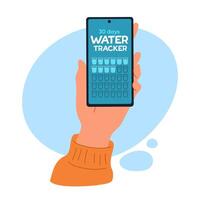 Hand holding a smartphone with a 30-day water tracker app. Concept of mobile hydration tracking and healthy daily habits. Ideal for wellness and fitness themes. Flat illustration vector