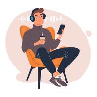 Young man listening to music or podcast on his smartphone while relaxing in a chair with a cup of coffee. Digital media and audio streaming concept. Flat illustration vector