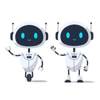 Cute friendly robots walking and waving hand. Flat illustration of two futuristic AI characters with smiling faces. Artificial intelligence and robotics concept vector