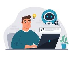 Man using laptop with chatbot assistant. AI-powered virtual assistant helps with search and productivity. Modern flat illustration of of virtual tech support vector