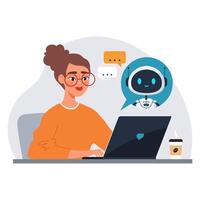 Young woman using laptop with chatbot assistant. AI virtual assistant helps with search and productivity. Modern flat illustration of of virtual tech support vector