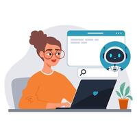 Young woman using laptop with chatbot assistant. AI-powered virtual assistant helps with search and productivity. Modern flat illustration of of virtual tech support vector