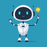 Cute smiling robot with cheerful expression helps in finding ideas and inspiration. Friendly and positive futuristic character for apps, games, or tech designs vector