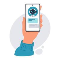 Chatbot assistant on smartphone screen. Hand holding mobile device with AI robot chat interface. Virtual assistant technology and smart customer support. Flat illustration vector