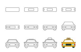 Worksheet easy guide to drawing cartoon taxi. Simple step-by-step drawing tutorial for kids. vector