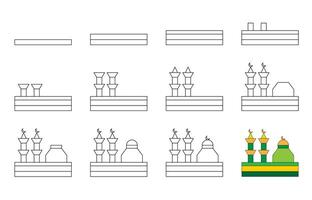 Worksheet easy guide to drawing cartoon mosque. Simple step-by-step drawing tutorial for kids. vector