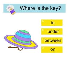 Educational material for kids. Learning prepositions. Where is the key vector