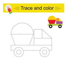 Trace and color for children. Preschool worksheet for practicing fine motor skills. Cartoon truck. vector