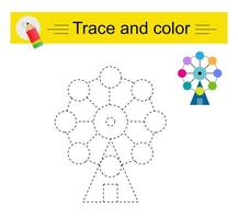 Trace and color for children. Preschool worksheet for practicing fine motor skills. Cartoon Ferris wheel. vector