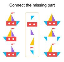 Connect the missing part. Task for the development of attention and logic. illustration of the cartoon boat. vector