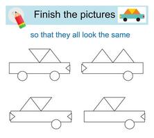 Activity for kids. Finish the pictures so that they all look the same. cartoon car. vector
