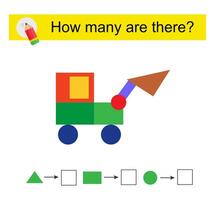 Math activity for kids. How many geometric shapes Cartoon excavator. vector