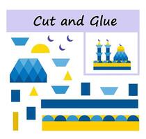 Educational paper game for children. Cut parts of the image and glue on the paper. DIY worksheet. illustration of mosque. vector