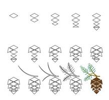 How to draw step by step Worksheet easy guide to drawing cartoon pine cone. vector