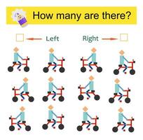 Math activity for kids. Developing numeracy skills. Cartoon bicycler. vector
