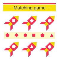 Matching game. Task for the development of attention and logic. Cartoon rocket. vector