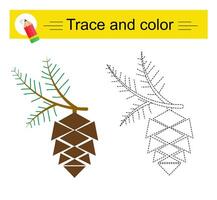 Trace and color for children. Preschool worksheet for practicing fine motor skills. Cartoon pine cone. vector