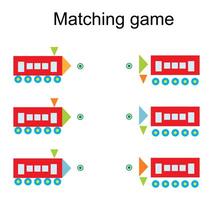 Matching game for kids. Find the correct color of cartoon train and match. vector