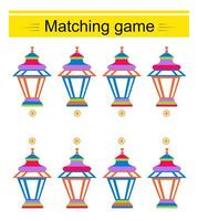 Matching game for kids. Find the correct color of a lamp and match. vector
