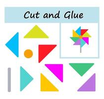 Cut parts of the image and glue on the paper. DIY worksheet. illustration of pinwheel from geometric shapes. vector