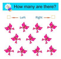 Left or Right. Logic game for kids. Count how many cartoon butterflies are turned left and how many are turned right. vector