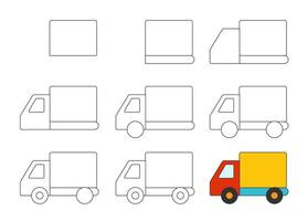 Worksheet easy guide to drawing the truck. Simple step-by-step drawing tutorial for little kids. vector
