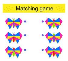 Matching game. Task for the development of attention and logic. Cartoon butterfly. vector