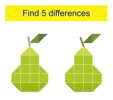 Find 5 differences. Logic puzzle game for kids. Cartoon pears. vector