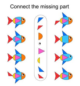 Connect the missing part. Task for the development of attention and logic. illustration of the fish. vector