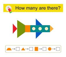 Math activity for kids. Number range up to 5. Cartoon rocket ship. vector