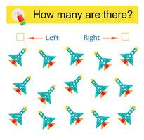Math activity for kids. Developing numeracy skills. Cartoon rocket. vector