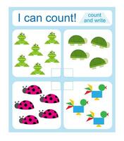 Math activity for kids. I can count Cartoon abimals. vector