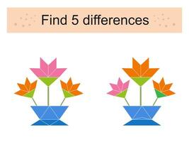 Find 5 differences. Logic puzzle game for kids. Preschool worksheet activity. Cartoon flower pot vector