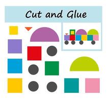 Educational paper game for children. Cut parts of the image and glue on the paper. DIY worksheet. illustration of the train from geometric shapes. vector