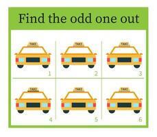 Puzzle game for children. Task for development of attention and logic. Cartoon taxi. vector