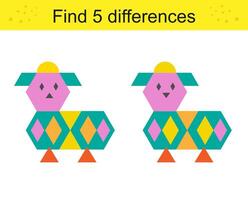 Find 5 differences. Logic puzzle game for kids. Cartoon cute animals. vector