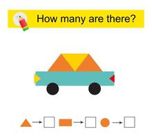 Math activity for kids. How many geometric shapes Cartoon car. vector