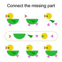 Connect the missing part. Task for the development of attention and logic. illustration of the cartoon chick. vector