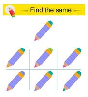 Puzzle game for kids. Task for development of attention and logic. Need to find the exact same pencil. vector