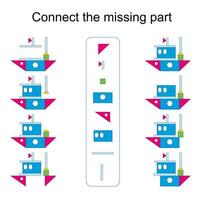 Connect the missing part. Task for the development of attention and logic. illustration of the cartoon ship. vector