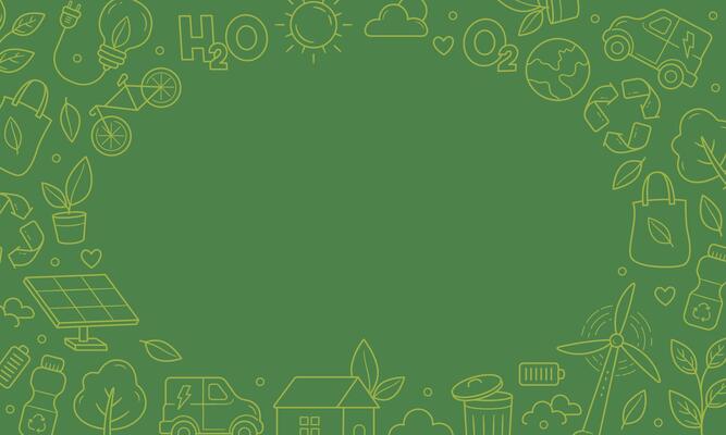 Green Background with doodles frame. School chalkboard ecology care symbols hand drawn elements