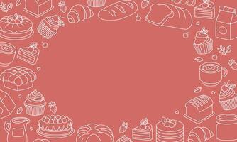 Cake and bakery doodle hand drawn background. Peach background with doodles frame vector