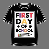Black T Shirt First Day Of School Design Graphic Print Colorful Text Apples Pencil tshirt vector