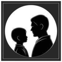 Minimalist grayscale silhouette father son facing each other circular frame dark gray border vector