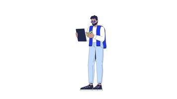 Bearded casual black man writing on digital tablet with stylus 2D character animation. Professional with sweater draped over shoulders animated person cartoon 4K isolated on white transparent video